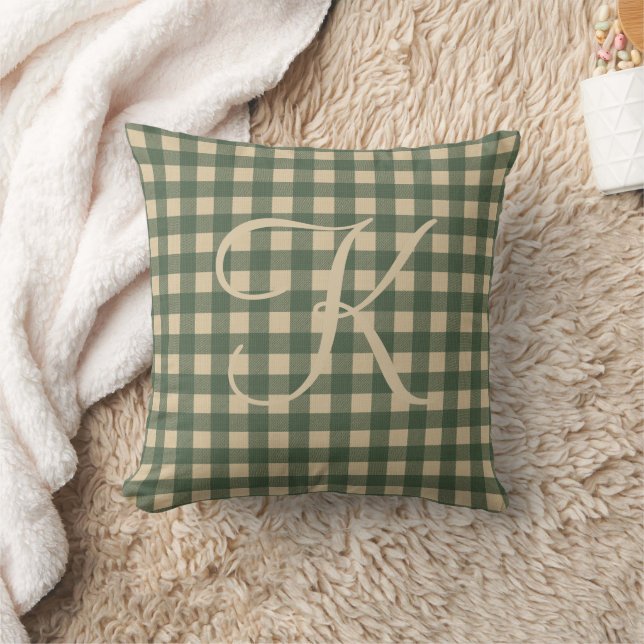 Monogram Green Tan Buffalo Plaid Rustic Country  Throw Pillow (Blanket)