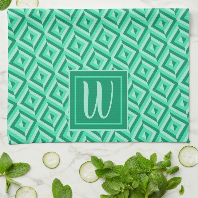 Monogram Green Three-Tone Diamond Pattern Kitchen Towel (Folded)