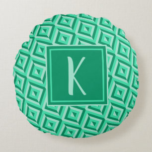 Monogram Green Three-Tone Diamond Pattern Round Pillow
