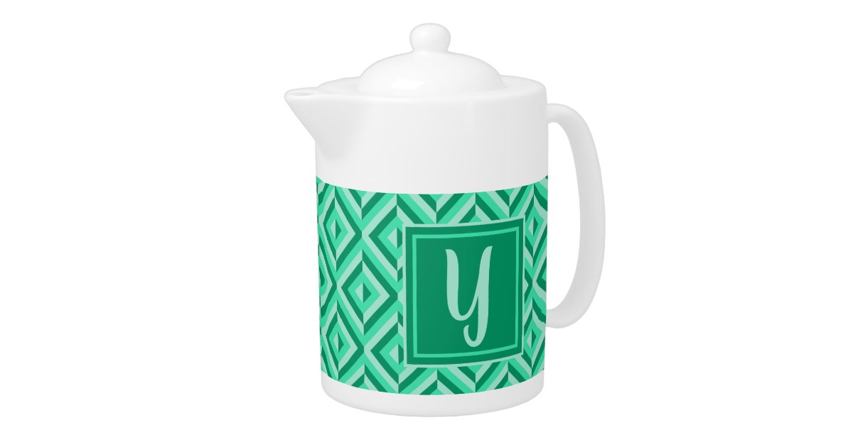 Monogram Green Three-Tone Diamond Pattern Teapot | Zazzle