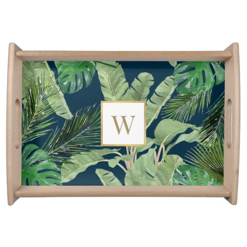 Monogram Green Tropical Leaves on Dark Blue Serving Tray