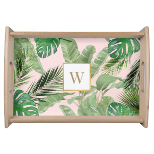 Monogram Green Tropical Leaves on Pink Serving Tray