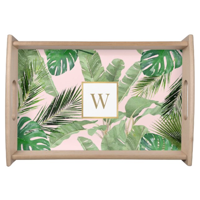 Monogram Green Tropical Leaves on Pink Serving Tray (Front)