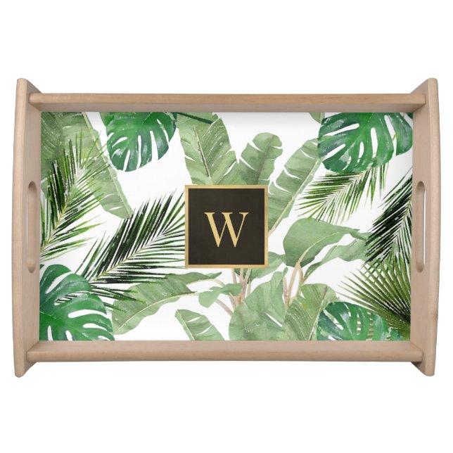 Monogram Green Tropical Leaves Serving Tray (Front)