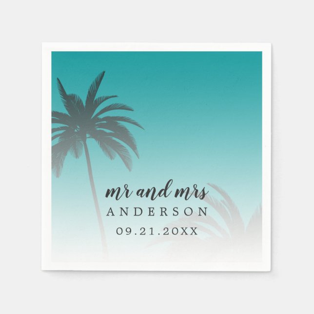 Monogram Green Tropical Palm Tree Beach Wedding Napkins (Front)