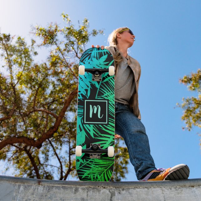 Monogram green turquoise ombre leaf pattern cool skateboard (Outdoor 1)