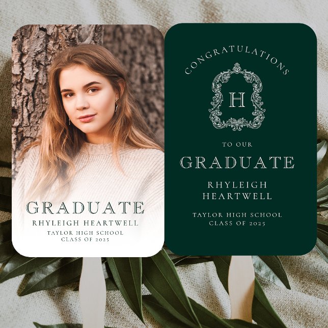 Monogram Green White Photo Graduation Hand Fan (Creator Uploaded)