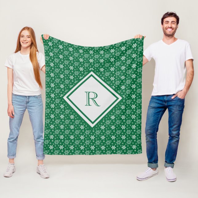 Monogram Green White Snowflakes Winter Christmas  Fleece Blanket (In Situ)
