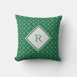 Monogram Green White Snowflakes Winter Christmas Throw Pillow