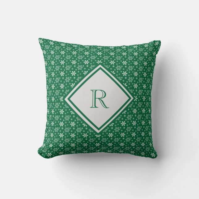 Monogram Green White Snowflakes Winter Christmas  Throw Pillow (Front)