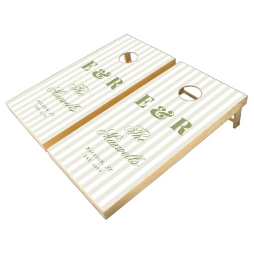 Monogram Green White Stripes Script Family Wedding Cornhole Set