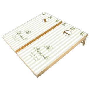 Monogram Green White Stripes Script Family Wedding Cornhole Set
