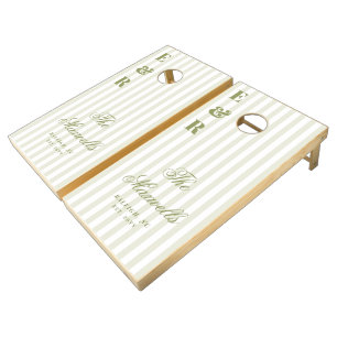 Monogram Green White Stripes Script Family Wedding Cornhole Set