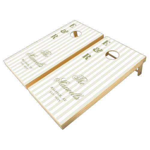 Monogram Green White Stripes Script Family Wedding Cornhole Set