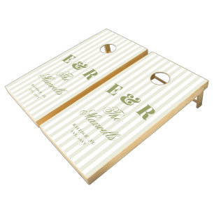 Monogram Green White Stripes Script Family Wedding Cornhole Set