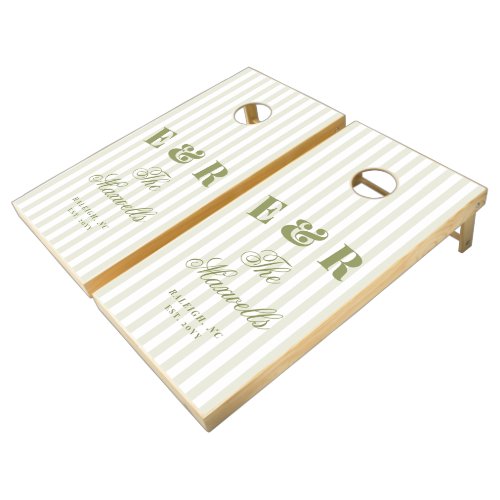 Monogram Green White Stripes Script Family Wedding Cornhole Set