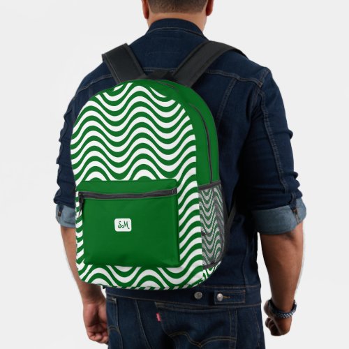 Monogram Green  White Wavy Stripes Psychedelic Printed Backpack