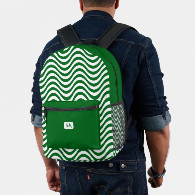 Monogram Green & White Wavy Stripes Psychedelic Printed Backpack (Insitu (Model))