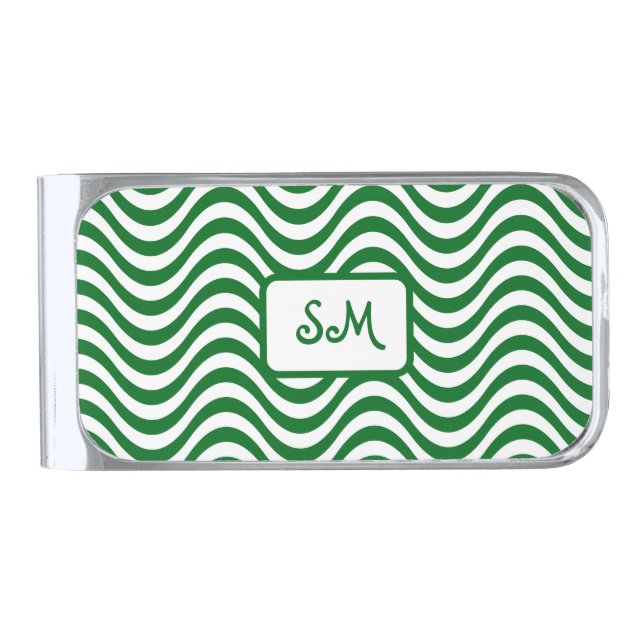 Monogram Green & White Wavy Stripes Psychedelic Silver Finish Money Clip (Front)