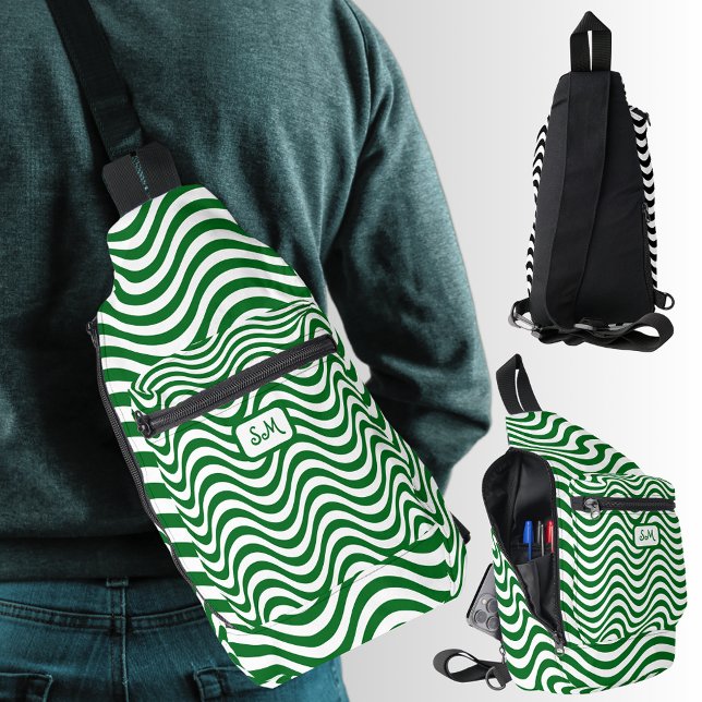 Monogram Green & White Wavy Stripes Psychedelic Sling Bag (Monogram Green & White Wavy Stripes Psychedelic Sling Bag)