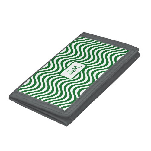 Monogram Green  White Wavy Stripes Psychedelic Trifold Wallet
