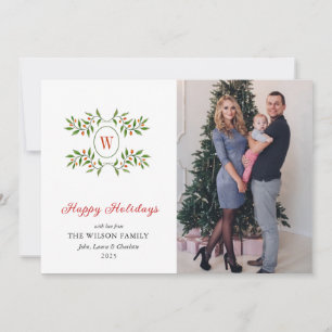 Monogram Greenery and Citrus Happy Holiday Card
