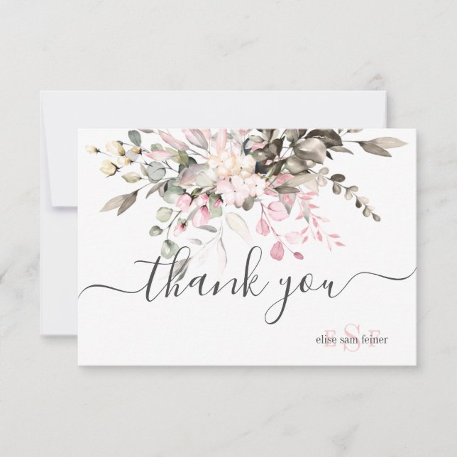 Monogram Greenery Blush Eucalyptus Fall Foliage Thank You Card (Front)