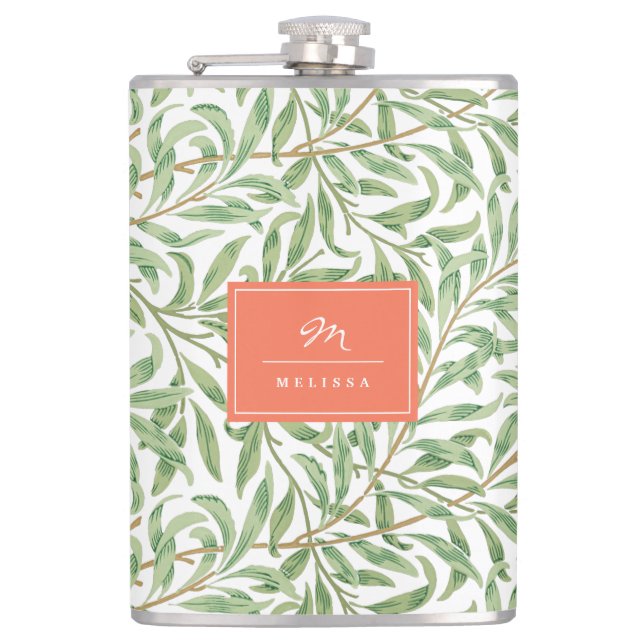 Monogram Greenery Botanical Pattern Green Orange Flask (Front)