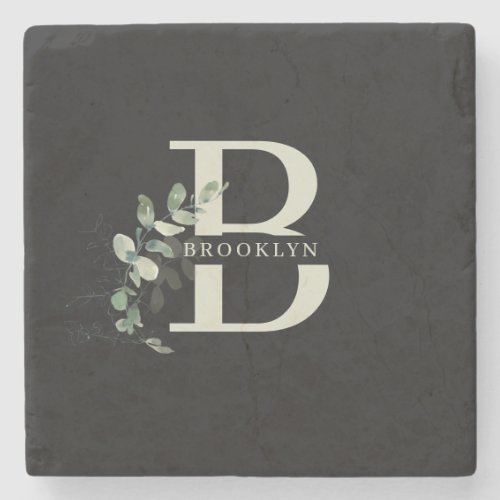 Monogram Greenery Dark Gray Stone Coaster