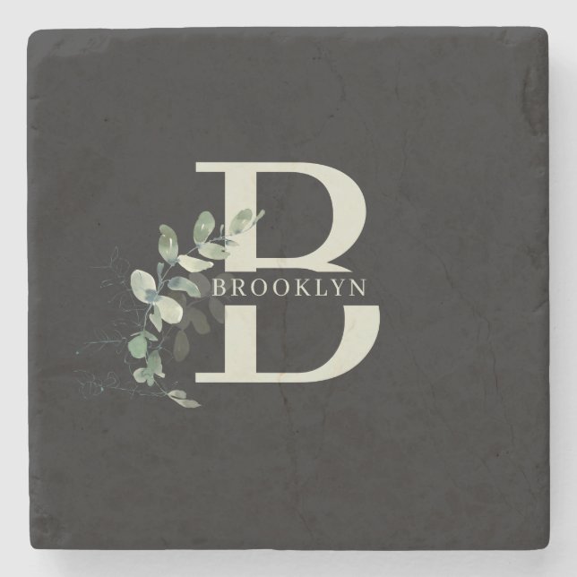 Monogram Greenery Dark Gray Stone Coaster (Front)