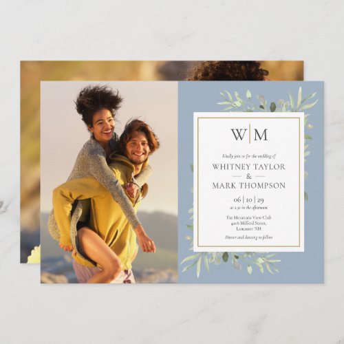 Monogram Greenery Dusty Blue Photo Wedding Invitation