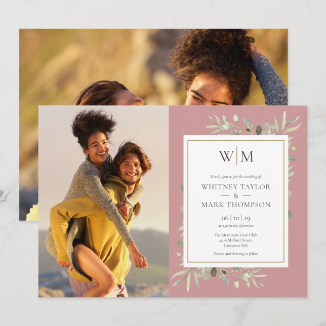 Monogram Greenery Dusty Rose Photo Wedding Invitation (Front/Back)