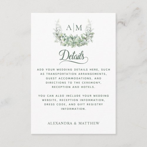 Monogram Greenery Elegant Wedding Details Enclosure Card