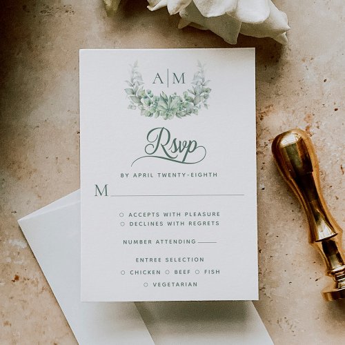 Monogram Greenery Elegant Wedding RSVP Card