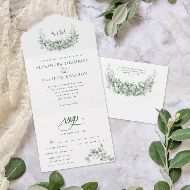 Monogram Greenery Eucalyptus Elegant Wedding All In One Invitation (Creator Uploaded)