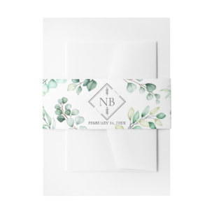 Monogram Greenery Eucalyptus Watercolor Wedding Invitation Belly Band
