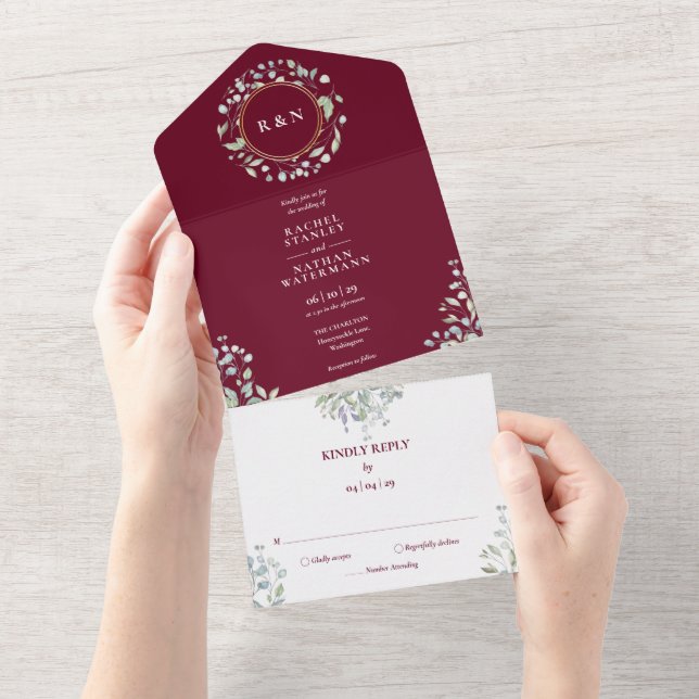 Monogram Greenery Floral Burgundy Wedding All In One Invitation (Tearaway)