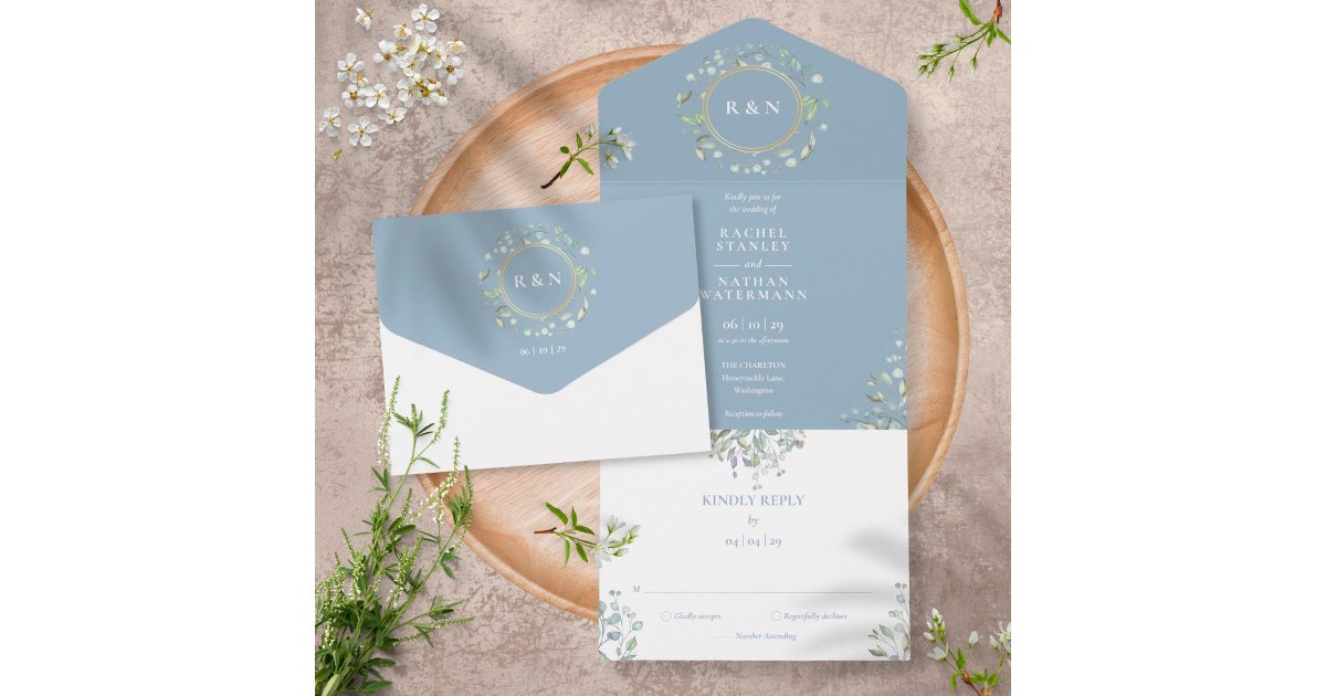 Monogram Greenery Floral Dusty Blue Wedding All In One Invitation | Zazzle