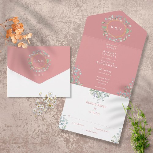 Monogram Greenery Floral Dusty Rose Wedding All In One Invitation
