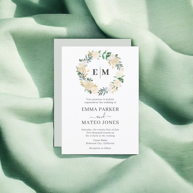 Monogram Greenery Floral Elegant White Wedding Invitation (Creator Uploaded)