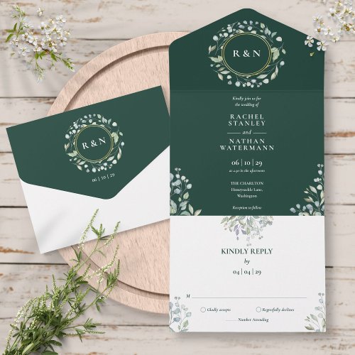 Monogram Greenery Floral Emerald Green Wedding All In One Invitation