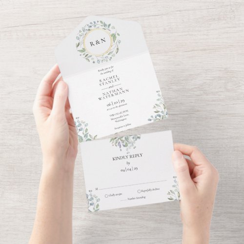 Monogram Greenery Floral Garland Gold Wedding All  All In One Invitation