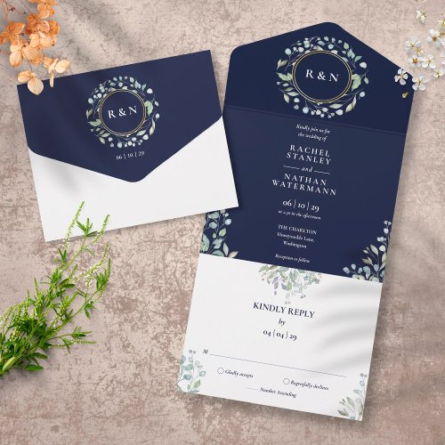 Monogram Greenery Floral Navy Blue Wedding All In One Invitation