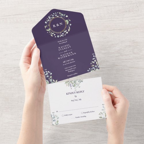 Monogram Greenery Floral Purple Wedding All In One Invitation