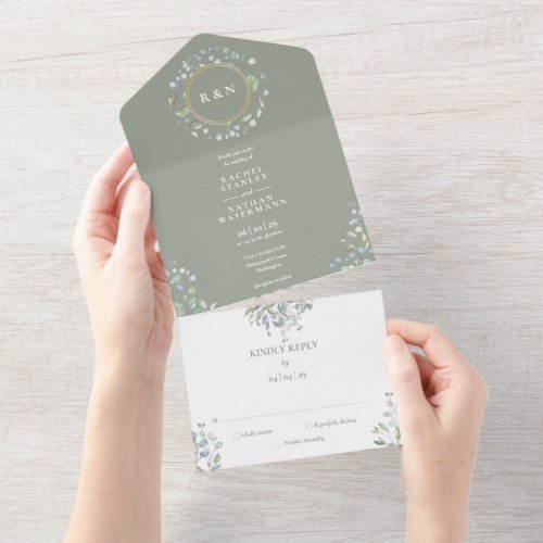 Monogram Greenery Floral Sage Green Wedding All In One Invitation