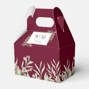 Monogram Greenery Foliage Burgundy Wedding Favor Boxes