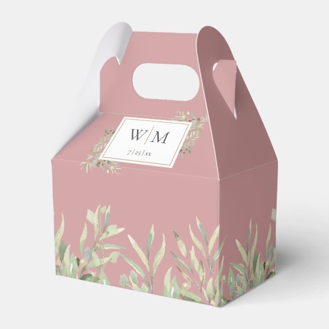 Monogram Greenery Foliage Dusty Rose Weddin Favor Boxes (Front Side)