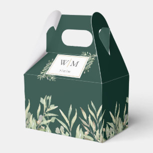 Monogram Greenery Foliage Emerald Green Wedding Favor Boxes