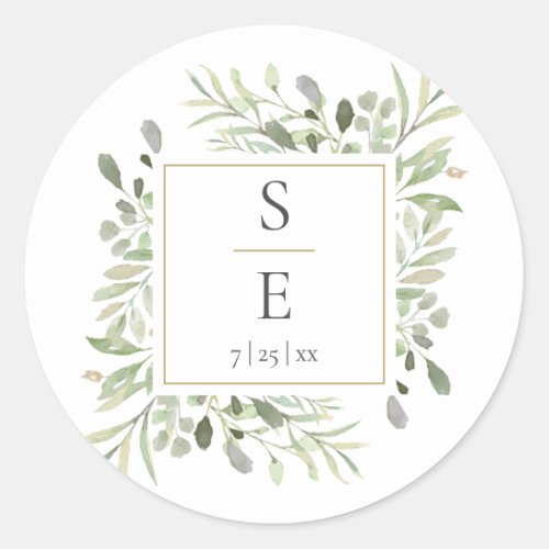 Monogram Greenery Foliage Gold Wedding Classic Round Sticker