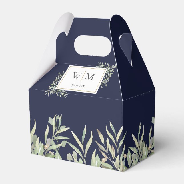 Monogram Greenery Foliage Navy Blue Wedding Favor Boxes (Front Side)